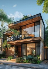 Fototapeta premium Modern Wooden House Exterior Design Illustration