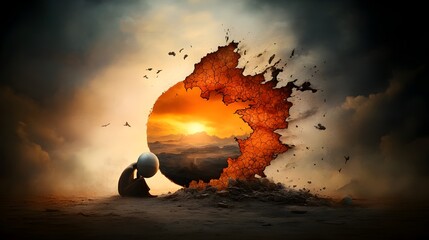 Surreal allegorical scene depicting a figure shielding themselves from intense sun rays with their skin peeling away to reveal an ominous