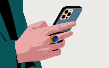 Hand holding phone. Closeup hand holding a smartphone, wearing a gold ring with a blue stone.