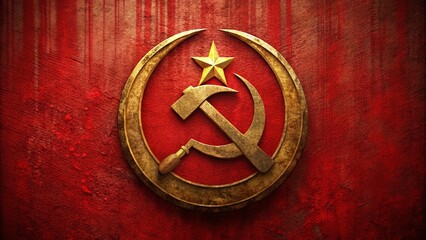 Fototapeta premium Red emblem symbolizing communist ideology with hammer and sickle on a textured background