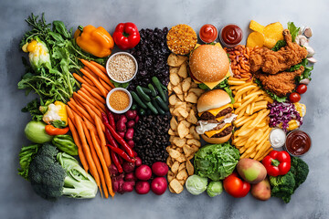  image featuring healthy vegetarian food versus unhealthy processed fast food