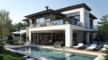 Fototapeta premium Modern Mansion with Pool and Garden