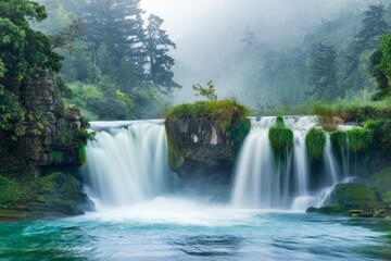 Fototapeta premium Waterfall paradise. Stunning cascading waterfall surrounded by lush greenery and mist. A tranquil scene evoking peace and serenity.
