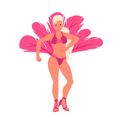 Brazilian carnival dance of happy girl in pink tropical costume with feathers. Female dancer dancing on high heels, side view of beautiful woman on parade in Brazil cartoon vector illustration