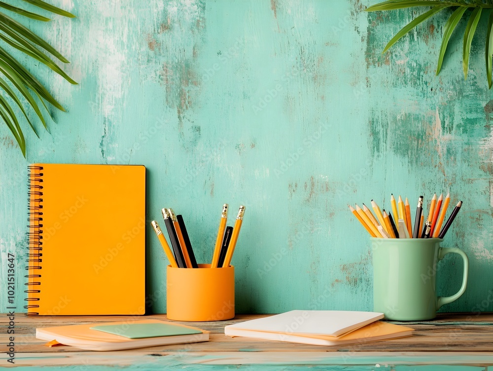Poster rustic wooden table displaying an assortment of study materials notebooks pens and freshly sharpened