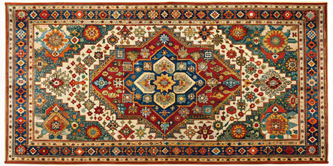 Vibrant Indian rug featuring intricate geometric patterns and detailed floral designs. rich colors create warm and inviting atmosphere, perfect for enhancing any space