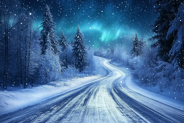 Northern Lights Over Snowy Road