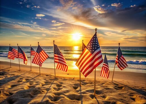Relaxing Memorial Day at the Beach with American Flags, Sun, Sand, and Scenic Ocean Waves