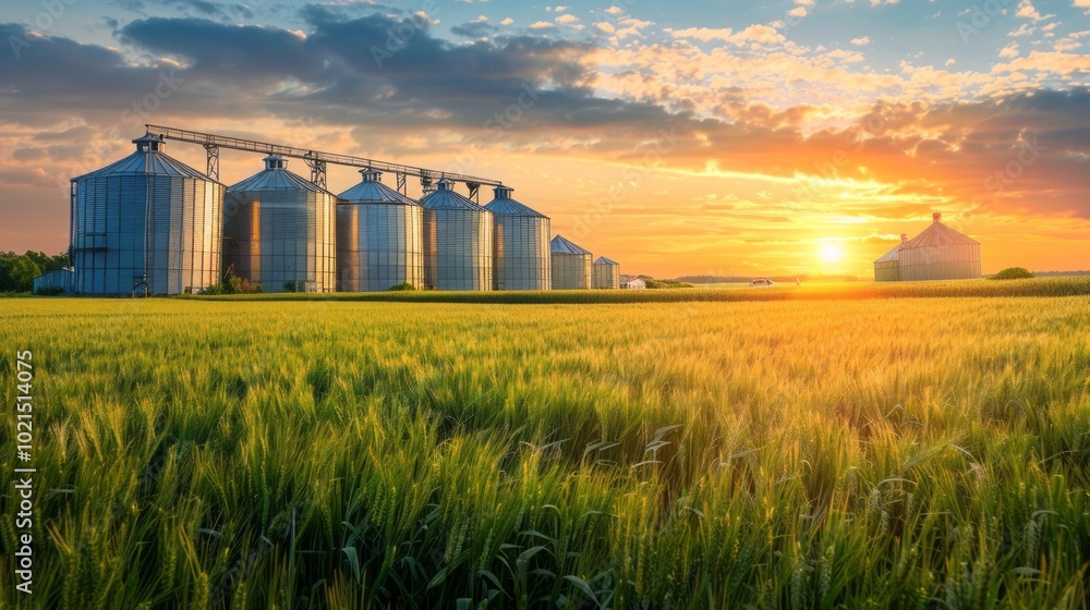 Poster A field of wheat with a large number of silos in the background