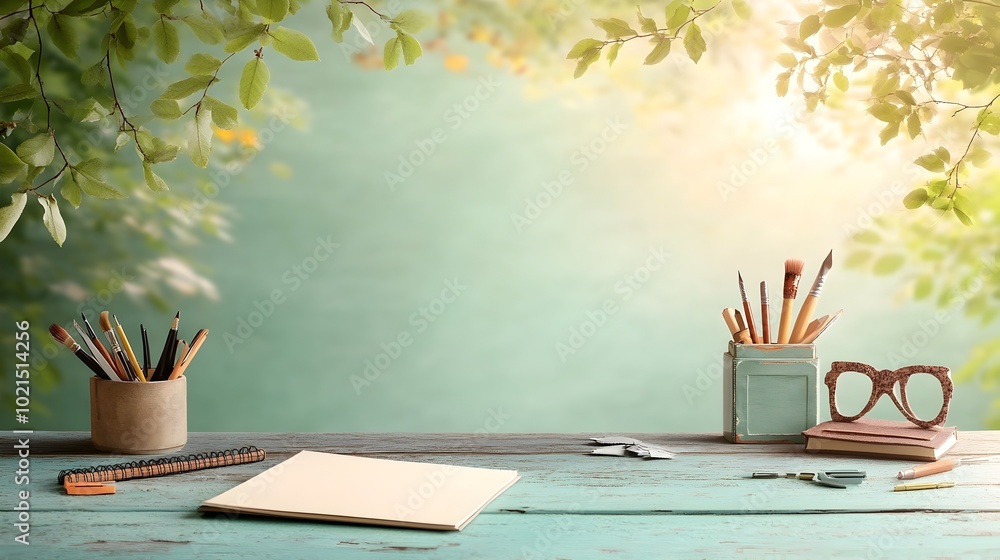 Poster rustic wooden table or workstation featuring an array of writing implements sketchpads and study mat