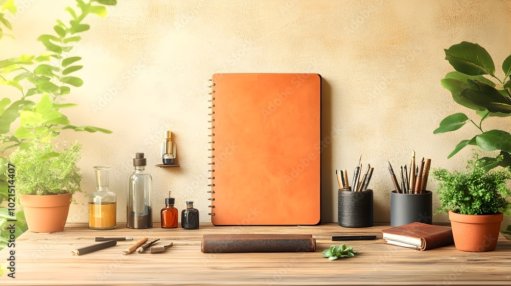 Poster rustic wooden table displaying an eclectic collection of writing implements ink bottles and a leathe