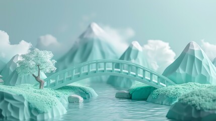 Fototapeta premium 3D illustration of a bridge over a river in a mountainous landscape