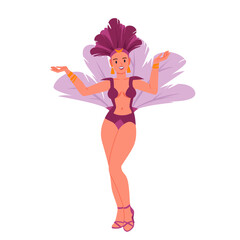 Brazilian carnival dance of happy girl in pink tropical costume with feathers. Female dancer dancing on high heels, side view of beautiful woman on parade in Brazil cartoon vector illustration