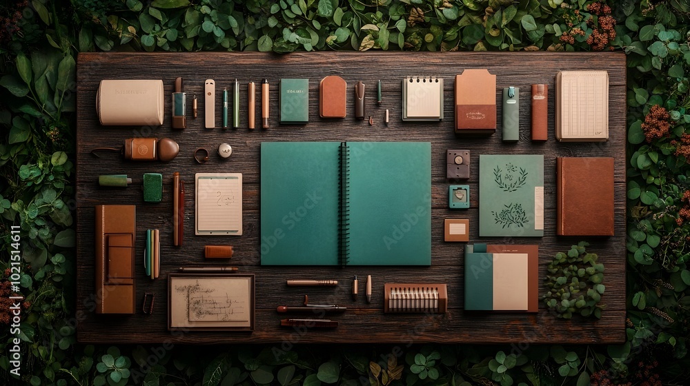 Poster rustic wooden tabletop covered in an array of stationery items writing implements and educational ma