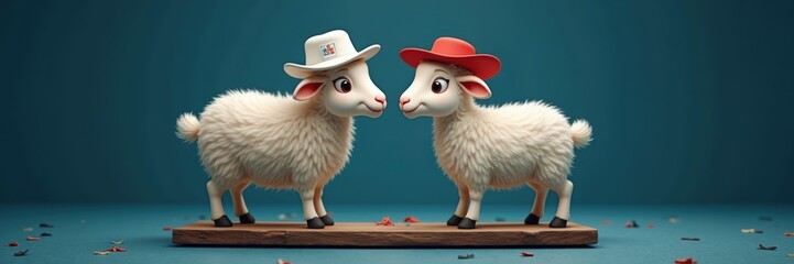 Cute and playful cartoon sheep wearing hats, ideal for children's products, animations, or farm related marketing.
