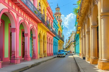 Obraz premium vibrant street havana cuba colorful colonial buildings cuban old classic cars road free