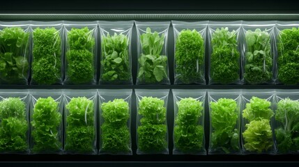 Vibrant greens from freshly harvested lettuce, packed neatly in clear plastic bags in the produce aisle, 3D illustration