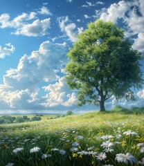 Fototapeta premium Spring Meadow with a Majestic Tree