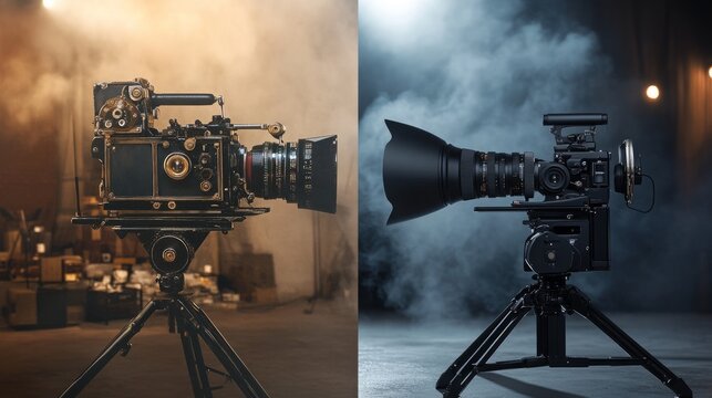 Vintage and modern film cameras side by side, showcasing the evolution of technology in filmmaking. old vs new generation