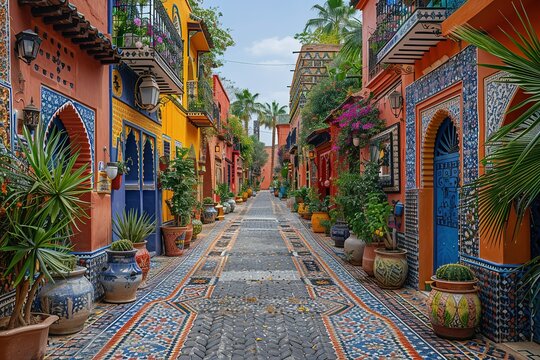 Fototapeta vibrant street marrakech morocco intricate tile work souks bustling town aroma travel spices free