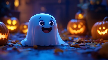 Cute cartoon ghost on Halloween night