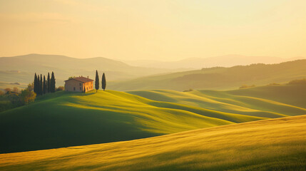Fototapeta premium region landscape in region, sunset over the hills, sunrise over the field, landscape in region country, house in the field
