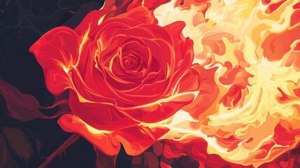 A single red rose, engulfed in flames, evokes a sense of passionate intensity.