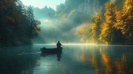 Angler on a boat, casting lines into the tranquil waters, patiently waiting for the elusive catch