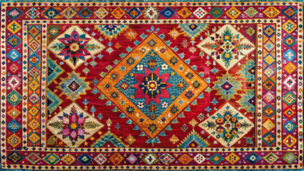 Fototapeta premium Colorful Moroccan rug featuring intricate geometric patterns and vibrant colors, adding warmth and character to any space. Its unique design showcases traditional craftsmanship and artistry
