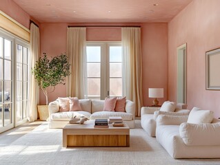 Fototapeta premium Blush-colored walls with light furnishings and minimal decor give this family room a simple yet luxurious feel