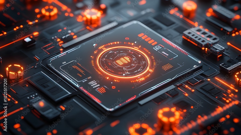 Poster visually captivating futuristic technology interface with dynamic cyberpunk inspired holographic dis