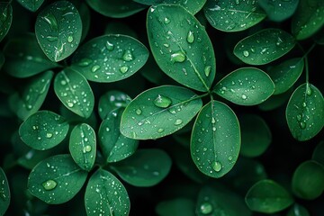 Fototapeta premium Close-up of Green Leaves with Water Droplets