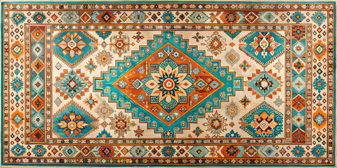 Vibrant Mediterranean rug featuring intricate patterns and bold colors, perfect for adding touch of elegance to any space. Its rich design enhances aesthetic of any room