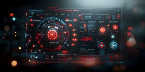 Obraz premium Futuristic digital landscape showcasing an immersive user interface with intricate HUD and GUI elements Featuring a vibrant color palette neon highlights dramatic chiaroscuro lighting
