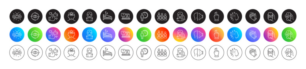Clapping hands, Artificial intelligence and Cardio training line icons. Round icon gradient buttons. Pack of Yoga mind, Recruitment, Faq icon. Eye target, Sleep, Click hand pictogram. Vector