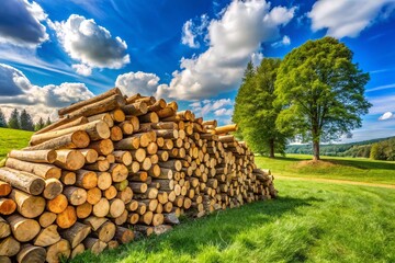 Rustic Wooden Woodpile Stacked Neatly in Natural Environment with Green Grass and Blue Sky Background
