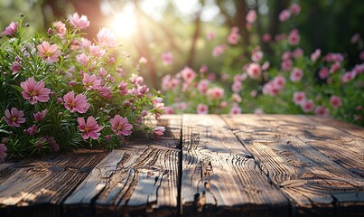 Empty wooden table with spring landscape banner. Selective focus on tabletop