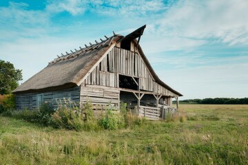 Obraz premium Old barn rustic building. Rustic old wooden barn with thatched roof, showcasing a sense of countryside history. The barn is weathered and worn, hinting at its long years of service.