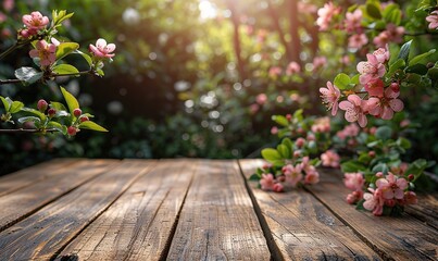 Empty wooden table with spring landscape banner. Selective focus on tabletop