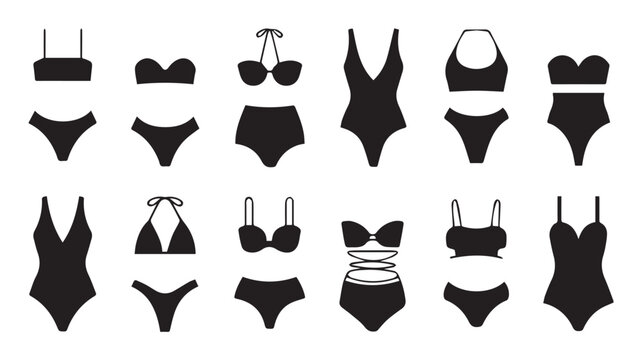 Vector illustration set of silhouettes of modern swimsuits and women s underwear on white background. Bikini set for girls.