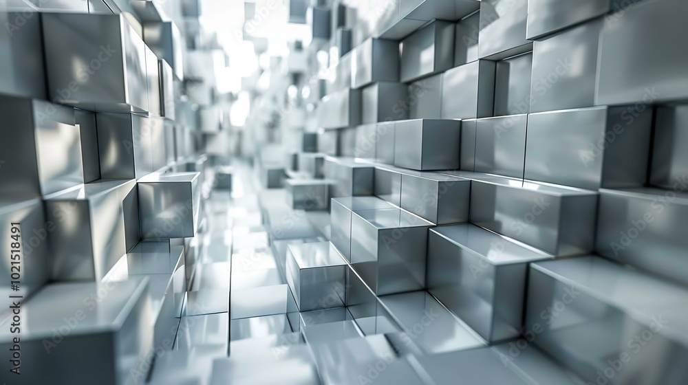 Poster abstract 3d rendering of a futuristic sci-fi tunnel made of gray concrete blocks.