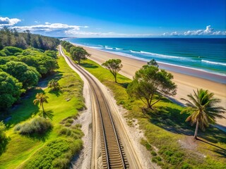 Scenic Beach Park Tracks Leading Through Lush Greenery and Soft Sands Under a Clear Blue Sky