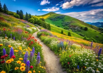 Obraz premium Scenic communication hill trail surrounded by lush greenery and vibrant wildflowers in nature