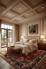 Luxury Bedroom Interior Design with Ornate Ceiling and Vintage Rug