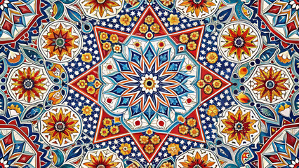 Intricate and vibrant Moroccan inspired pattern featuring detailed geometric shapes and floral designs in rich colors. This artwork captures essence of traditional craftsmanship and cultural beauty