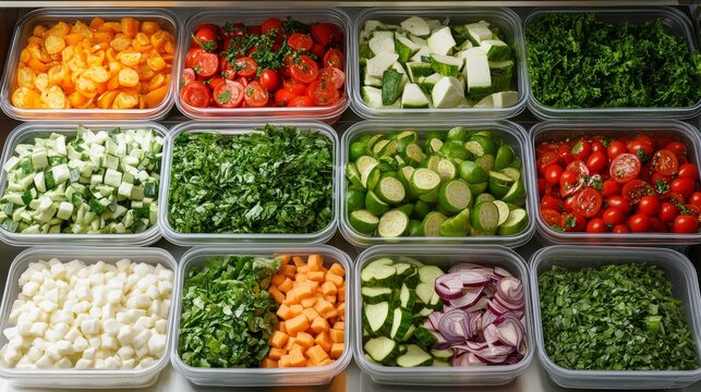 Close-up of colorful mixed salad ingredients in clear containers, freshly prepared in the deli section, 3D illustration