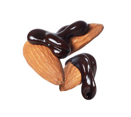 Almonds covered in chocolate in the air isolated on a white background