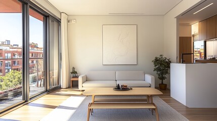 Modern Living Room Interior with Balcony, Minimalist Design, Natural Light. Real Estate, Home Decor,
