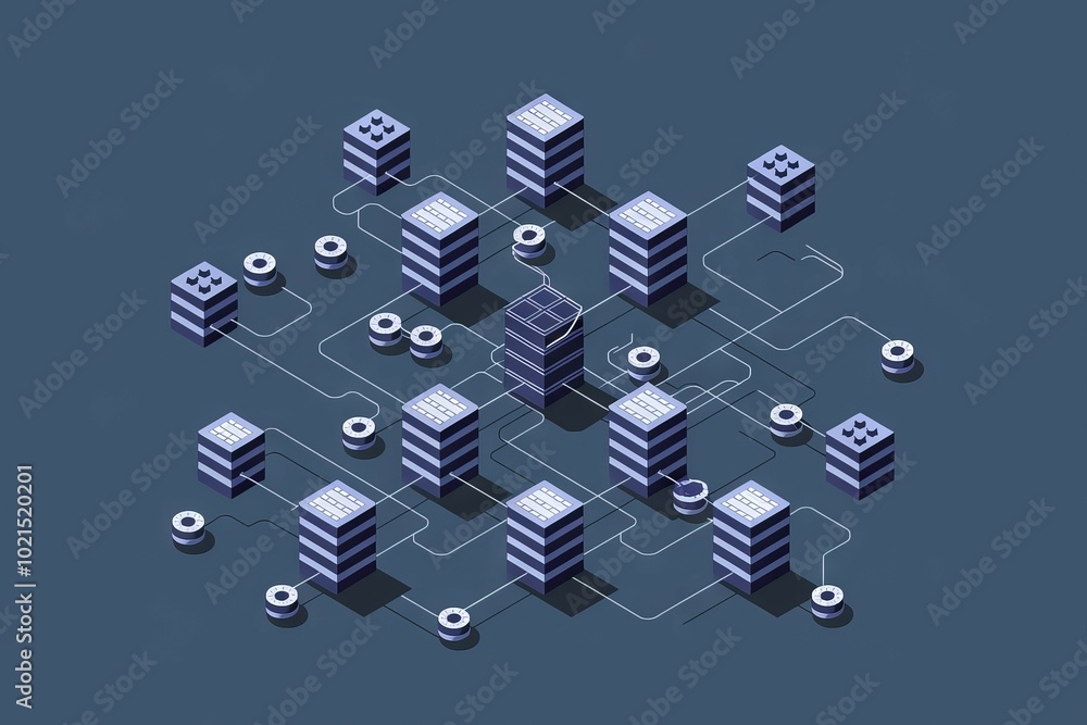 Poster connected buildings network. isometric design of a connected network of buildings, signifying a mode