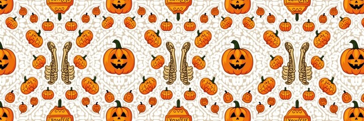 Festive Halloween pattern featuring pumpkins and autumn elements. Perfect for seasonal decor, invitations, and marketing materials.